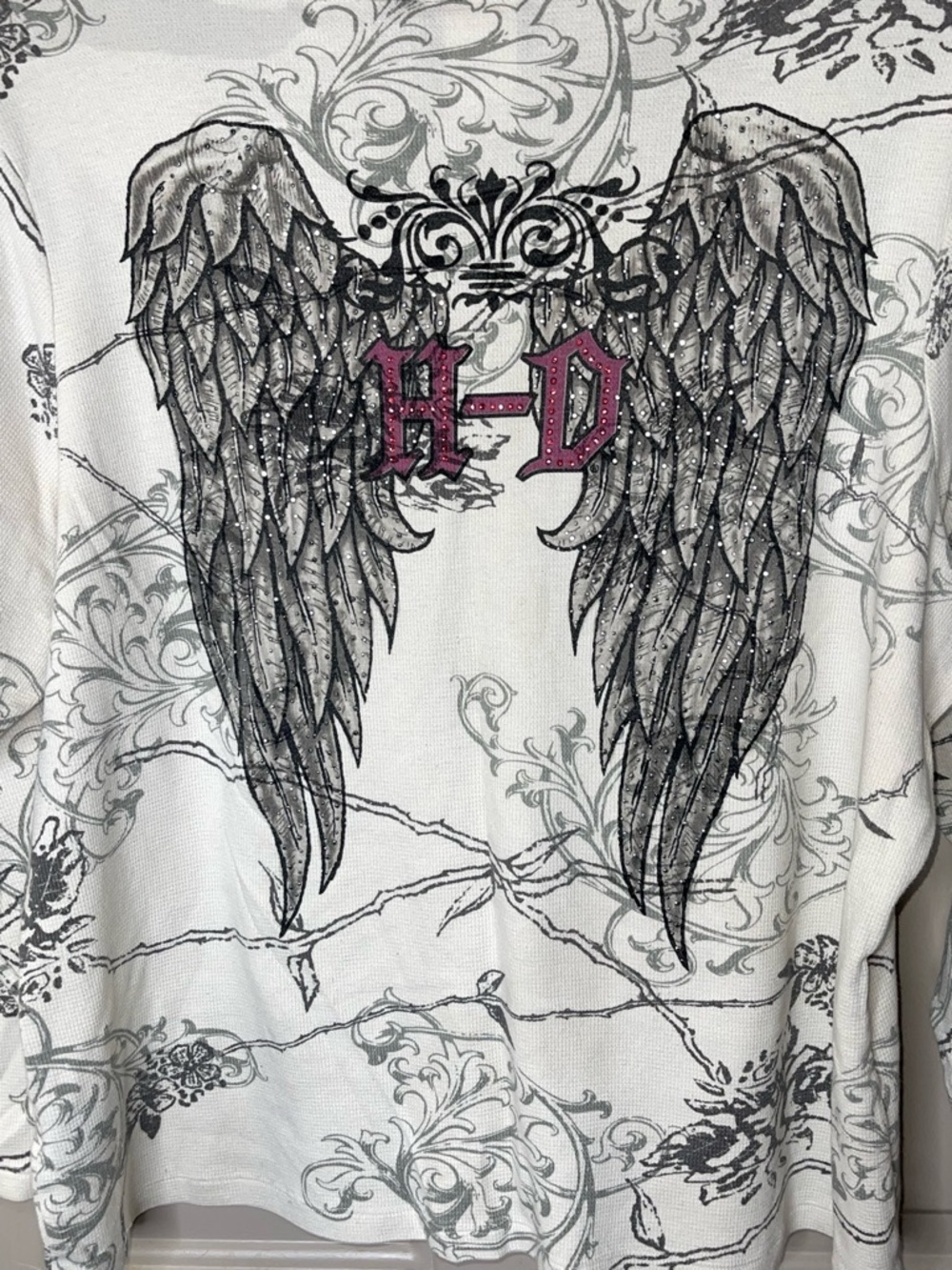 Harley-Davidson White 3/4 Sleeve Tee with Rhinestones and Wings Sz 2X - Picture 6 of 8